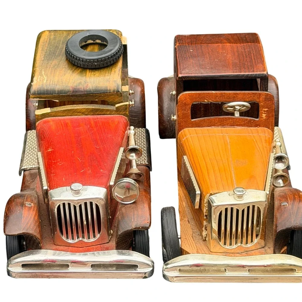 Vintage Wooden Model Car Set 4pc Antique Style Decorative Wood Toy Vehicles DIY